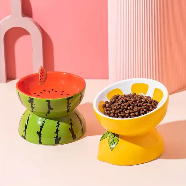 Raised Ceramic Cat Bowls, Elevated Tilted Neck-Protective Pet Feeding Dishes for Cats and Small Dogs, 1pc Fruit-Themed Water and Food Bowls - Suitable for Dry and Wet Cat Food.