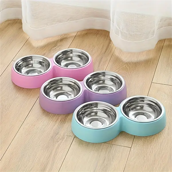 2-in-1 Stainless Steel Pet Bowl Set: Double Bowl with Non-Slip Stand for Food & Water