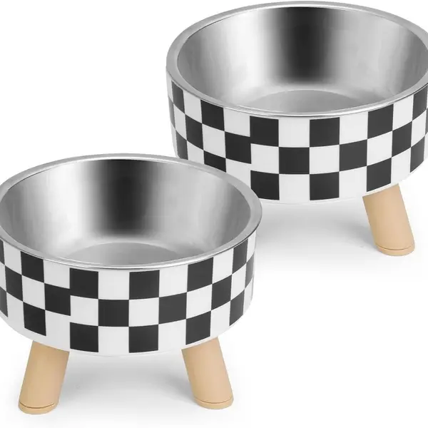 Elevated Cat Bowls, Cat Food Bowls Wood Pet Bowls with Stand Anti Vomiting 2 Stainless Steel Bowls for Cats and Puppy