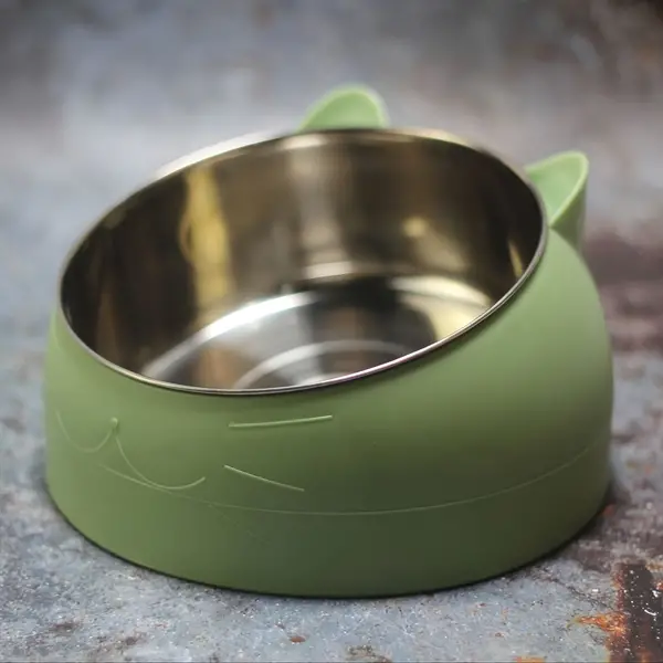 Cat Bowl 15 Degrees Raised Stainless Steel Cat Feeder Bowl With Non Slip Base, 3.38oz Cat Food Water Feeder Tilted Pet Bowl For Neck Protection